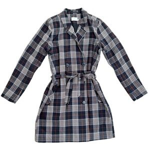 Kaffe Plaid Lightweight Navy, Brown, Cream Fall Jacket - Size 34EU (XS)
